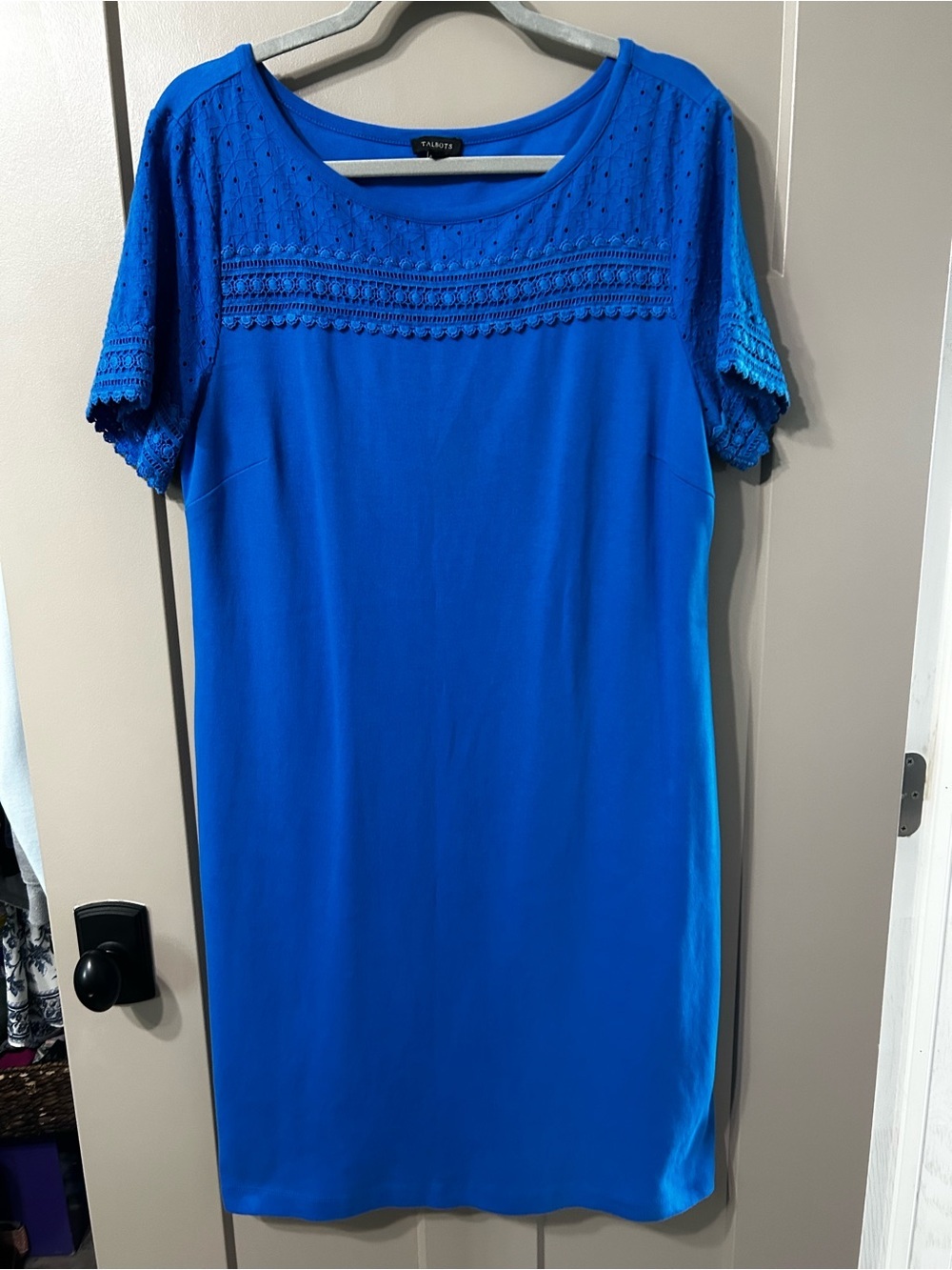 Talbots Royal Blue Crochet-Trim Shift Dress 💯 cotton short sleeve